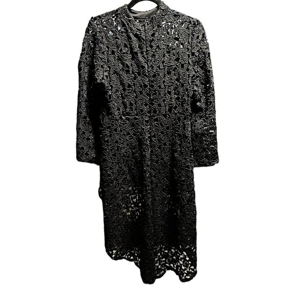 Black Floral Lace Hollow Out Long Sleeve Hi-Low Asymmetrical Shirt Dress - Picture 9 of 9